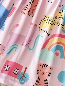 4件套新生女宝宝套装，可爱卡通彩虹老虎和花卉印花露肩T恤和裤子，粉色纯色长袖睡衣套装 - 粉色 - 查看 4