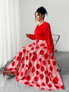 Elenzga Bộ 2 món trang phục thanh lịch và thời trang in họa tiết ngẫu nhiên cỡ lớn dành cho nữ ngày lễ tình nhân - Đỏ - Xem 4
