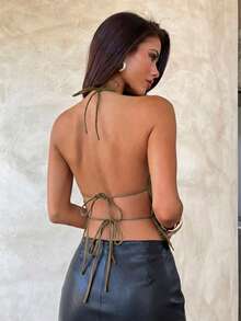 Aloruh 女士时尚性感露背交叉绑带吊带衫 - 卡其色 - 查看 2