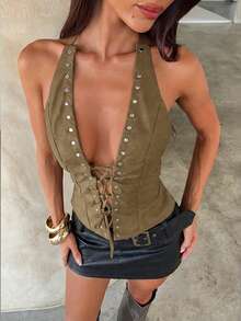 Aloruh 女士时尚性感露背交叉绑带吊带衫 - 卡其色 - 查看 7