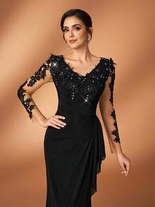 Serin 优雅奢华的珍珠钻石刺绣蕾丝贴花透视袖拼接弹力针织褶皱荷叶边鱼尾连衣裙，适合婚礼、派对、度假、新娘、新娘母亲、晚礼服等场合。 - 黑色 - 查看 7