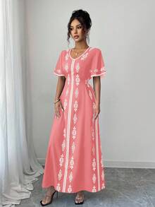 Elenzga Đầm nữ in họa tiết cổ chữ V thanh lịch mới - Hồng - Xem 6