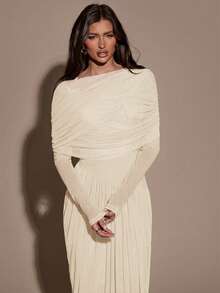 SHEIN BAE Women's Solid Color Boat Neck Ruched Long Sleeve Dress - Apricot - View 6