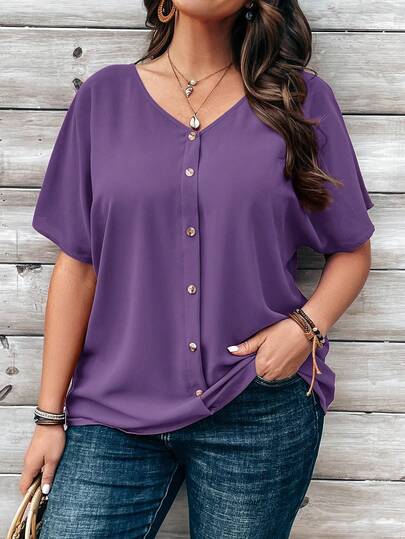 EMERY ROSE Plus Size Women's Orange Button Embellished Short Sleeve Shirt For Spring, Going Out Tops