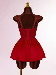 Amplova Sexy Party Women's Contrast Lace Ruffle Hem Spaghetti Strap Mini Dress - Burgundy - View 2