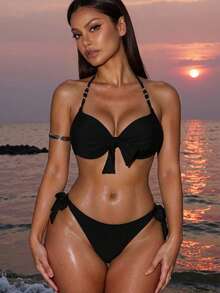 Oceva 具有打結細節和有線胸罩的推桿比基尼套裝，適用於夏季海灘 - 黑色 - 查看 4