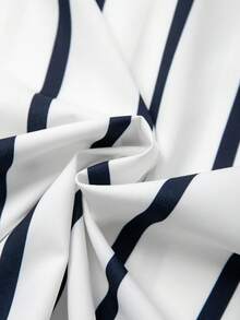 GlowEve 女士休闲通勤条纹开衫衬衫和高腰A字裙两件套，春夏款 - 藏蓝色 - 查看 6