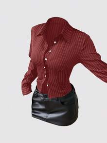 Sweetra Fashionable Contrast Color Textured Button Fitted Waist Flattering Striped Collar Long Sleeve Blouse For Women - Red - View 6