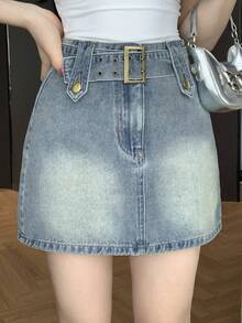 DAZY 女士休闲水洗腰带牛仔A字裙，春夏款 - 中等水洗藍 - 查看 3