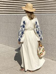 Livesso Women's Raglan Sleeve Printed Waist Cinched Midi Dress, Suitable For Summer Vacation - Beige - View 2