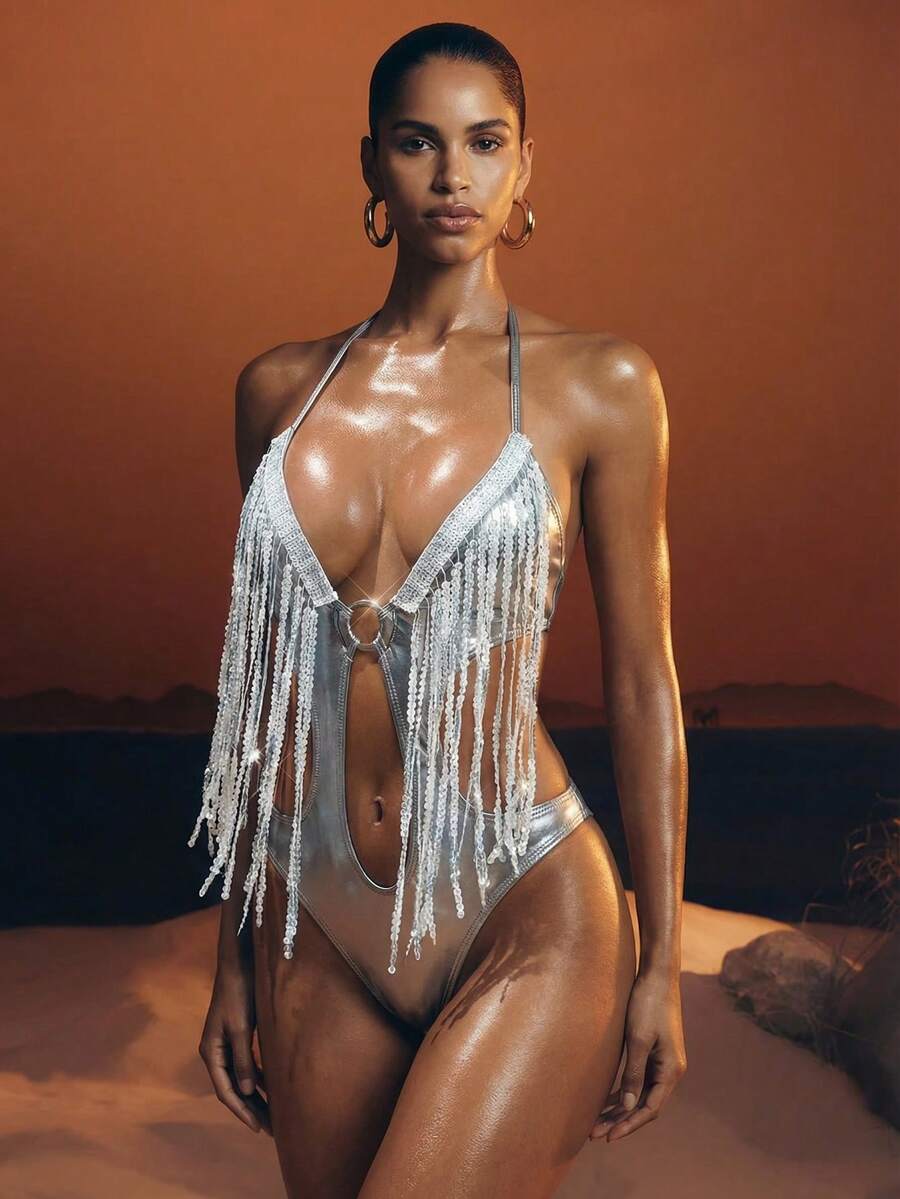 Swim SXY Seksowny jednoczęściowy kostium kąpielowy dla kobiet z dekoltem w serek, odkrytymi plecami, teksturowanym materiałem odblaskowym, frędzlami, odpowiedni na wakacje na plaży wiosną, latem i jesienią - Srebro - Zobacz 1