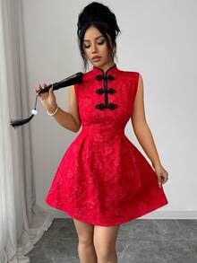 Franclia 新款优雅红色中式无袖立领黑色纽扣提花A字连衣裙，女士春夏连衣裙 - 紅色 - 查看 5