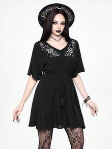 ROMWE Goth Women's Elegant Embroidered Short Sleeve Waist Cinched Mini Dress - Black - View 6
