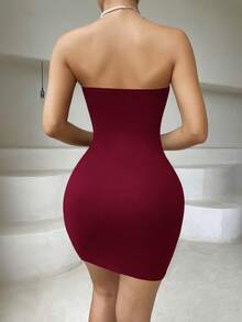 Chiquease 纯色修身镂空露脐吊带连衣裙，时尚夏季 - 酒紅色 - 查看 2
