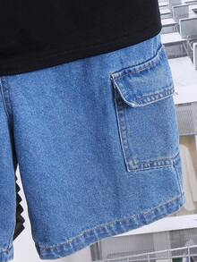 SHEIN 2件套儿童/青少年男童休闲百搭舒适圆领宽松短袖针织T恤和牛仔短裤套装，适合返校穿着 - 彩色 - 查看 5