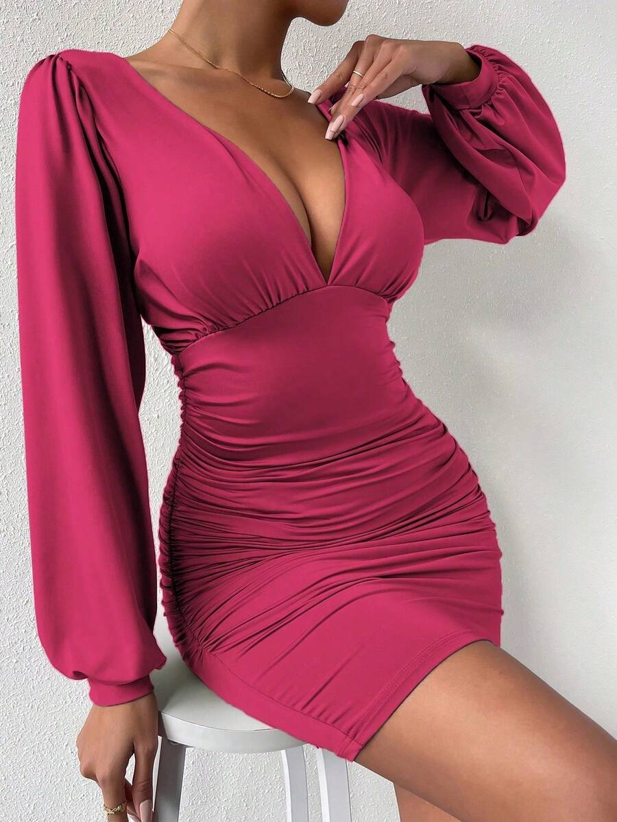 SHEIN Allurite 女士纯色极简深V领长袖休闲连衣裙 - 玫紅色 - 查看 1