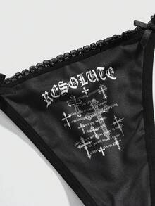 ROMWE Goth 3件套哥特式十字翅膀蕾丝边丁字裤套装 - 黑色 - 查看 3