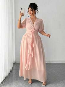 Elenzga 大码女士优雅雪纺V领3D玫瑰装饰灯笼袖褶皱荷叶边中长连衣裙，适合晚宴、约会等场合 - 香檳色 - 查看 3