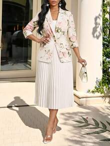 SHEIN Lady Women's Floral Print Lapel Neck3/4 Sleeve Jacket And Pleated Mini Skirt Elegant Suit Set - Multicolor - View 1