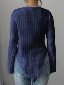 Selianne 女士纯色喇叭袖优雅罗纹T恤 - 藏蓝色 - 查看 2