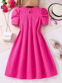 SHEIN 少女夏季短袖紋理圓領裙 - 玫紅色 - 查看 2