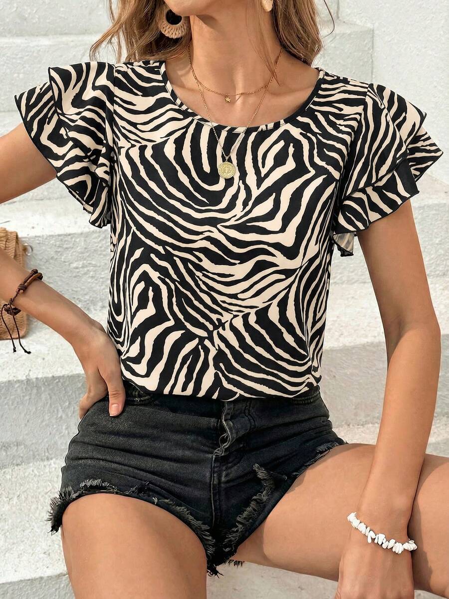 SHEIN Essnce 夏季斑馬紋圓領雙層短袖上衣,可愛風 - 黑色 - 查看 1