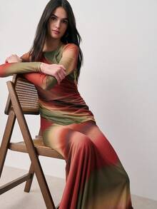 Nöista 印花网纱连衣裙，长款连衣裙，长袖，修身廓形，圆领，及地长度，透明袖子，春季，夏季。 - 彩色 - 查看 5