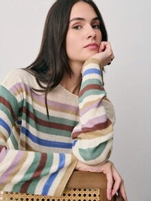 Nöista Stripes Knit Sweater Features A Relaxed Fit, Long And Wide Sleeves. Comfy, Cozy, Spring, Summer, Beachwear, Easter. - Green - View 3