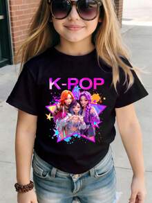 Kpop 女孩图案印花圆领短袖休闲百搭T恤 - 杏色 - 查看 1