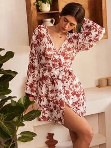 Bohemian Vacation Plant Lace Print Deep V-Neck Robe - Brown - View 2