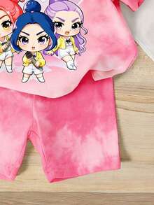 2pcs/Set Baby Girl Casual Fashionable K-POP Cartoon Girl Pentagram Tie-Dye Tie Dye Short Sleeve Knit T-Shirt And Matching Tie-Dye Shorts Set, Comfortable For Daily And Holiday Wear - Multicolor - View 6