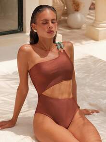 Swim Chiccia Swim Chic Sea-D Women Solid Color One Shoulder Chain Strap Decor One-Piece Swimsuit - Coffee Brown - View 1