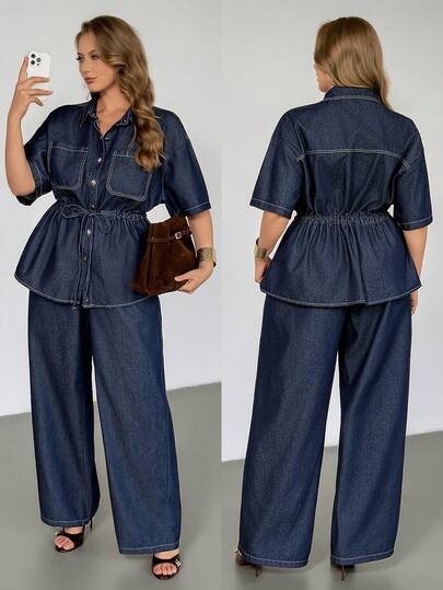 Auralis Plus Size Women 2-Piece Casual Denim Set - Short Sleeve Button-Up Shirt With Pockets & Waist Tie, And Pants Spring To Summer Valentine's Day Carnival Costume Commuting Vacation Graduation Chic Y2k Cute Streetwear Coquette Party Wedding Elegant Business Casual Woman Chic Denim Two Pieces Outfit For Women With Peplum Top And Palazzo Trousers
