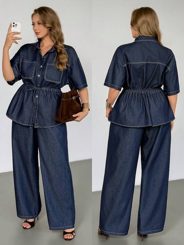 Auralis Plus Size Women 2-Piece Casual Denim Set - Short Sleeve Button-Up Shirt With Pockets & Waist Tie, And Pants Spring To Summer Valentine's Day Carnival Costume Commuting Vacation Graduation Chic Y2k Cute Streetwear Coquette Party Wedding Elegant Business Casual Woman Chic Denim Two Pieces Outfit For Women With Peplum Top And Palazzo Trousers