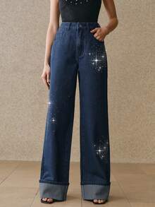 Anewsta Women's Romantic Glitter Straight Leg Jeans, Suitable For Valentine's Day Party And Vacation, Blue - Blue - View 7