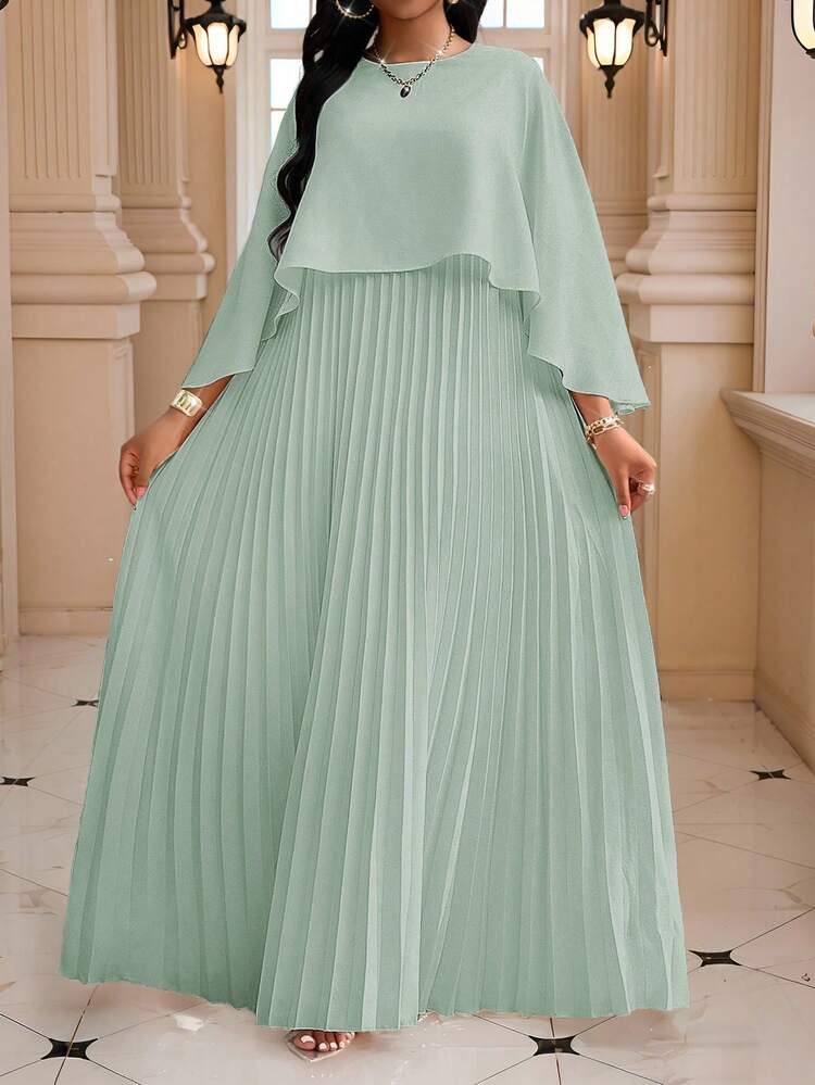 Fleurora Plus Size Light Green Round Neck Pleated Hem Dress, Fashionable For Summer, Birthday Summer Dress Spring Dress  Elegant Dresses For Women Going Out Summer Holiday Outfits  Vacation Dresses Green Dress Wedding Guest Dress For Women Sage Green Dress Wedding Pastel Green Dress Light Green Dresses For Woman Pleated Skirt Set Dressed To Attend Wedding - Mint Green - View 5