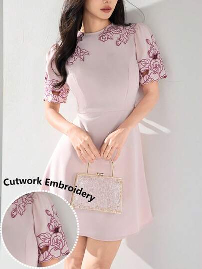 Heiryn Women's Elegant Commuter Floral Embroidery Mini Dress Pink Dress Korean Dress Elegant Dress