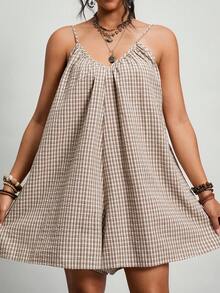 Freevana Cotton Jumpsuit Plus Size Print,Deep V-Neck Backless Tie Strap Retro Pattern Vacation Rompers For Women,Summer Boho Beach Holiday Casual Dress Romper - Khaki - View 3