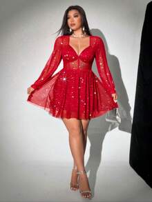 Viva Relle Đầm đỏ xuyên thấu đính sequin dành cho nữ cỡ lớn, kiểu dáng cổ vuông, tay phồng, eo thon, dáng chữ A, thích hợp cho sinh nhật. Phù hợp cho các bữa tiệc sang trọng, hẹn hò lãng mạn, trang phục ngày Valentine, dạo phố, du lịch, lễ hội âm nhạc năm mới, lễ hội hóa trang thanh lịch, mùa hẹn hò lãng mạn, thời trang gợi cảm ngọt ngào và quyến rũ, quần áo cỡ lớn dành cho nữ. - Đỏ - Xem 5