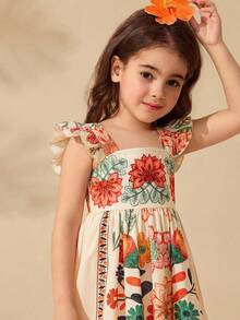 Travachic KIDS Young Girl Cute Floral Print Cap Sleeve Summer Vacation Dress - Apricot - View 4