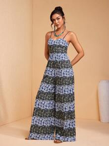 JIAN LASALA All-Over Tropical Print Spaghetti Straps Sleeveless Sweetheart Neckline Women Summer Jumpsuits - Multicolor - View 3