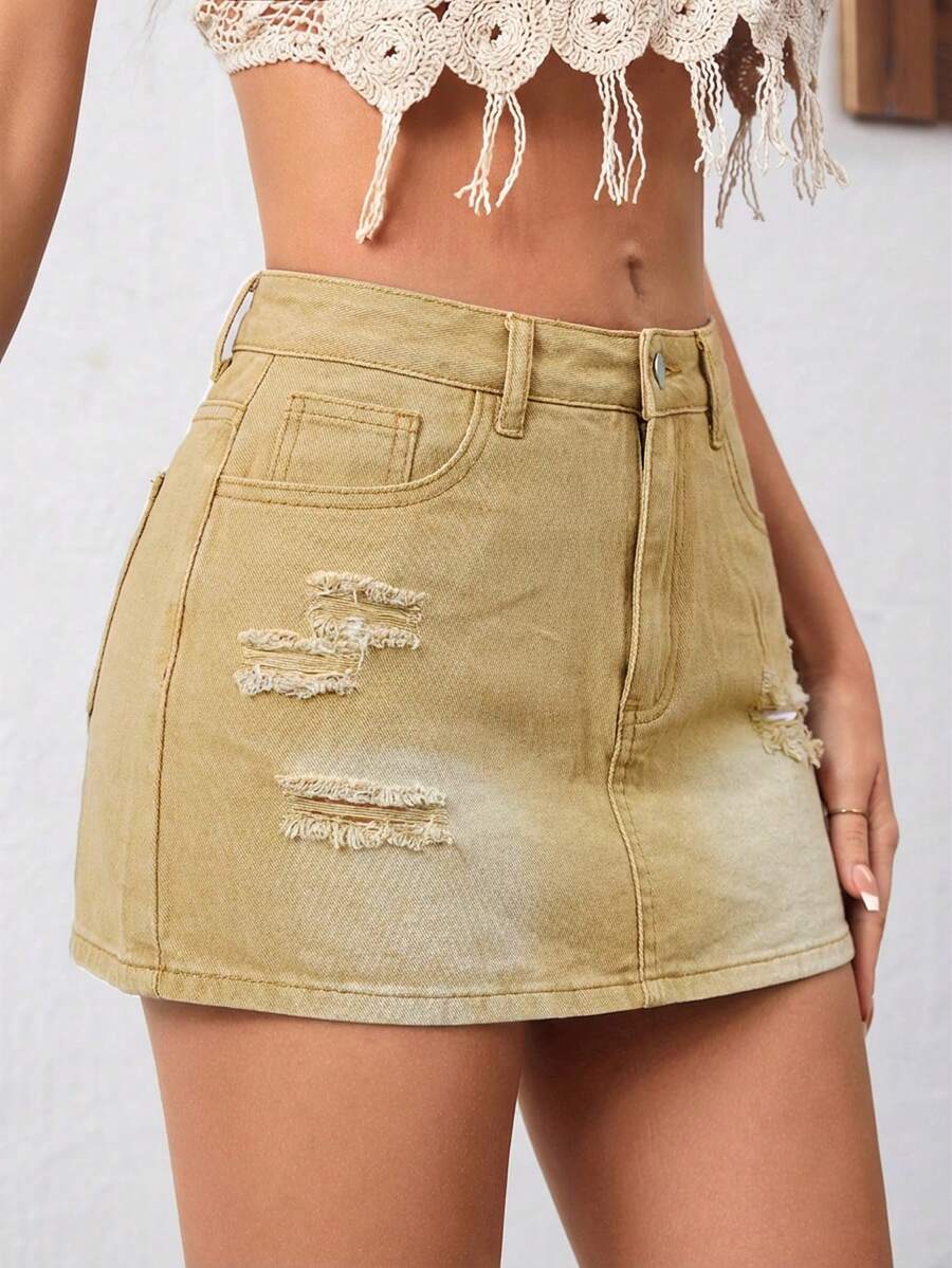 SHEIN Essnce 女士口袋做旧休闲百搭牛仔迷你裙 - 卡其色 - 查看 1