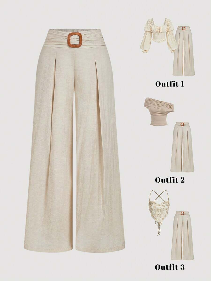 SHEIN MOD Quần ống rộng màu trơn dành cho nữ, thích hợp mặc mùa xuân/hè, ngày Valentine, hẹn hò, đi biển, nghỉ hè, chất liệu vải lanh, mặc hàng ngày, đi học và đi làm, phong cách retro, thanh lịch, thoải mái, boho, ống rộng, kiểu phương Tây, phù hợp đi làm, phong cách cổ điển. - Màu be - Xem 1