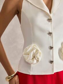 RueChic Women, Spring, Summer, White Sleeveless Tailored Blazer Vest With Rosette Waist - Elegant Structured Peplum Waist, 3‑Button Front, Fitted Silhouette, Bridal & Cocktail Jacket, Wedding Guest & Evening Wear, Office To Event Statement Vest, Luxury Crepe/Lined Fabric, Breathable Stretch, Sleek Notched Lapel, Designer Look - White - View 7