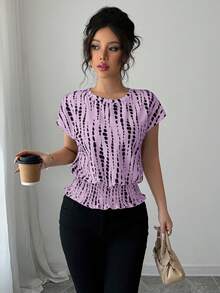 Elenzga Áo thun nữ cổ tròn in họa tiết, eo chun, kiểu dáng đơn giản, tay raglan, thích hợp cho mùa xuân/hè/thu/đông, trang phục dự tiệc, thanh lịch, dạ hội, phù hợp cho mặc hàng ngày, đi làm, mùa cưới/lễ hội âm nhạc. - Màu tím hoa cà - Xem 3