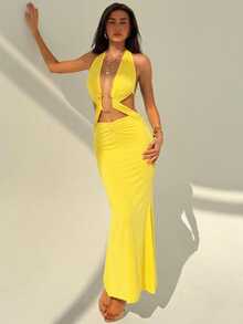 Aloruh Đầm trơn màu thanh lịch với chi tiết vòng tròn, thích hợp mặc thường ngày và dự tiệc. - Màu vàng - Xem 4