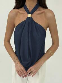 Aloruh 女士露背吊带无袖宽松休闲上衣，夏季 - 藏蓝色 - 查看 3