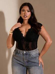 SHEIN BAE 大码女士时尚性感棕色蕾丝V领连体衣 - 黑色 - 查看 6