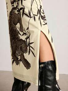 ROMWE Avant 中国风虎竹叶书法印花开衩下摆女裙 - 杏色 - 查看 2