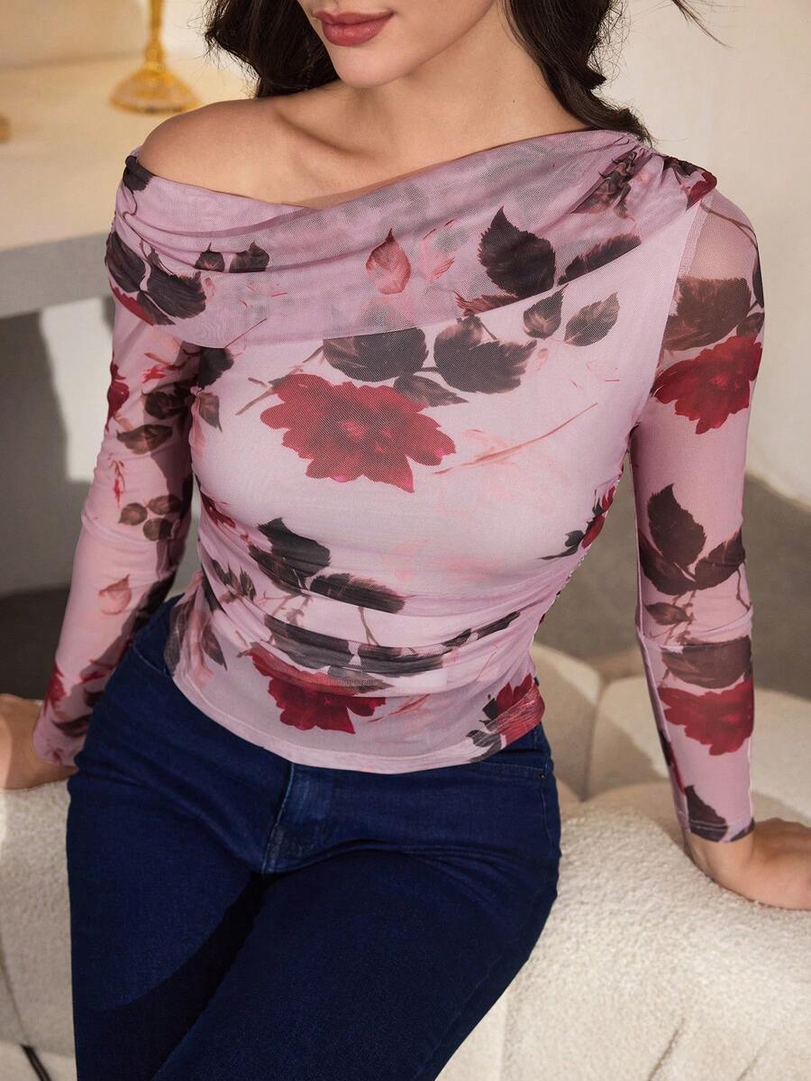 Modelyn Áo thun nữ in hoa, chất liệu lưới, xếp ly, vai lệch, kiểu dáng thường ngày, thời trang cho những buổi đi chơi và hẹn hò, mùa thu.